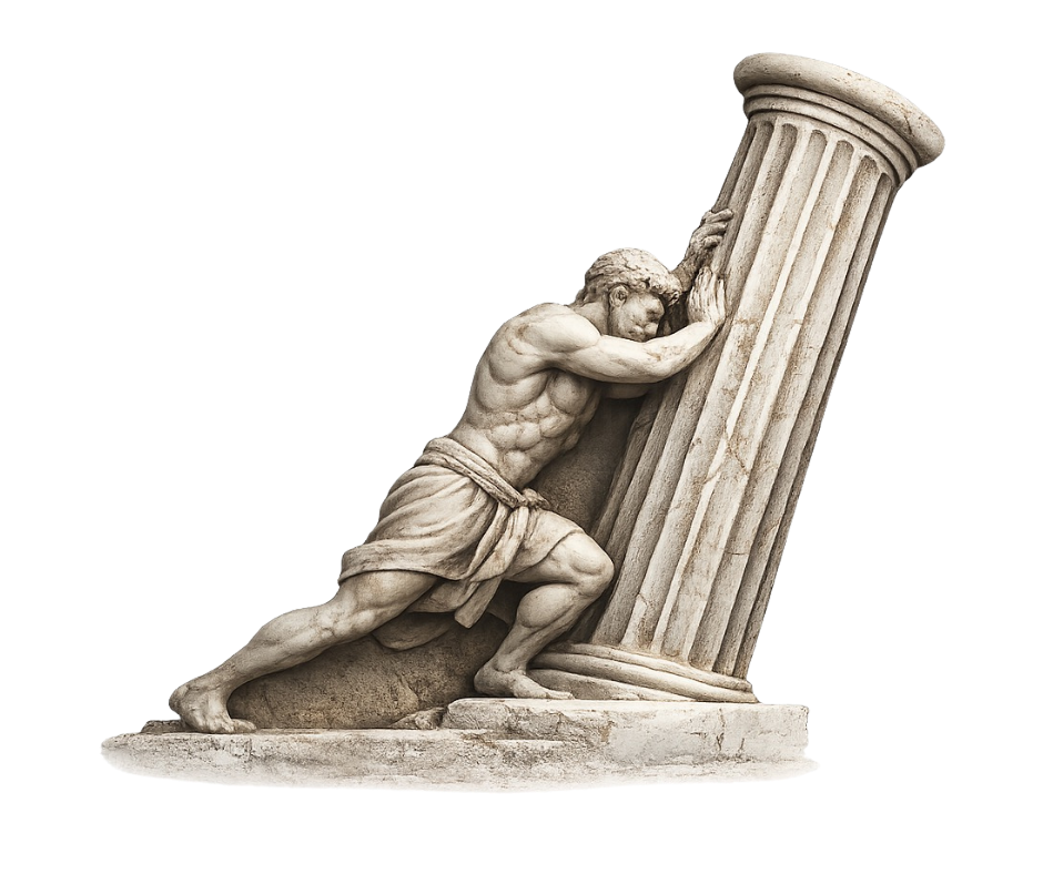 Statua classica che spinge una colonna inclinata